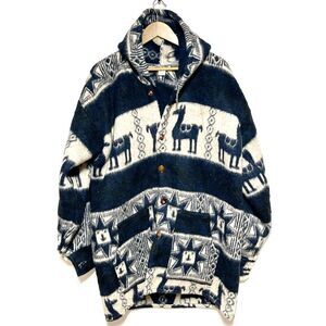 Vintage Handmade Alpaca Hooded Coat Navy Beige Aztec made in Ecuador Mens L